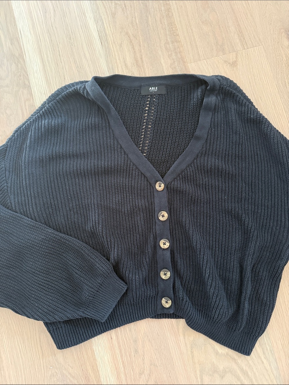 ABLE GOTS Certified Organic Cotton V-Neck Cardigan Sweater Black Size L